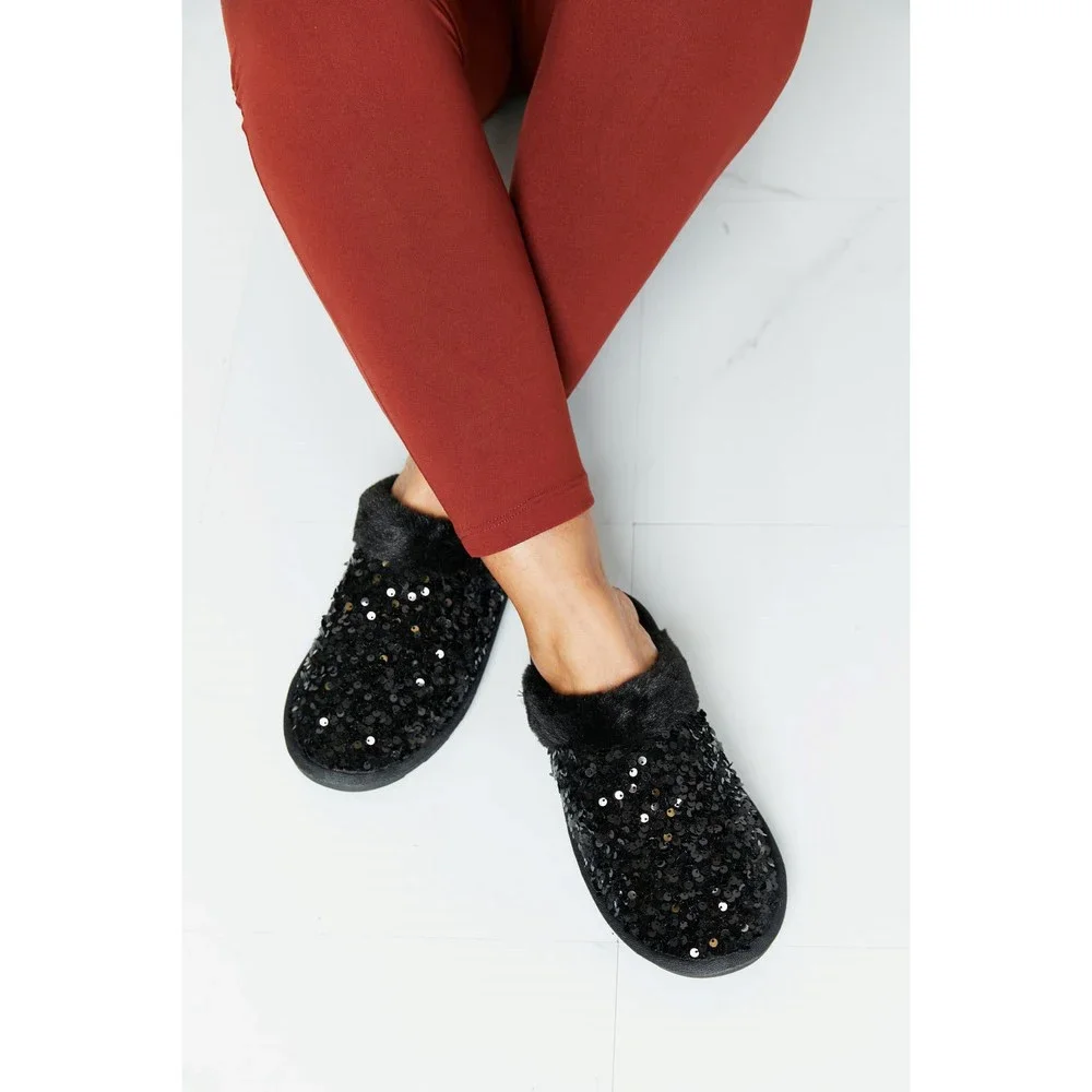 Sequin Faux Fur Slipper in Black - Picture 1 of 6